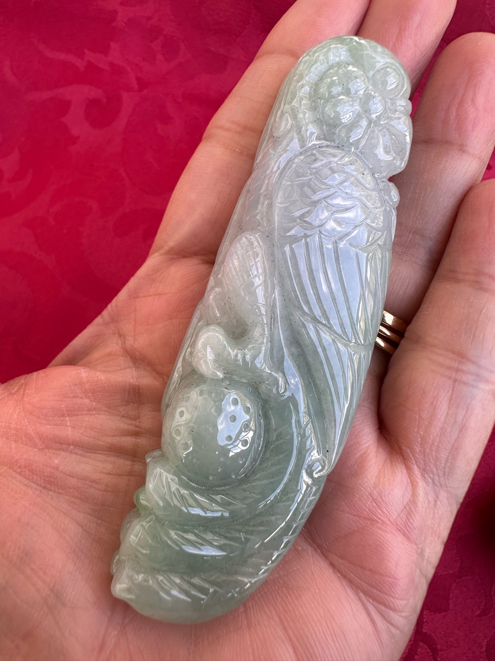 Huge Green Jade Carved Parrot Pendant